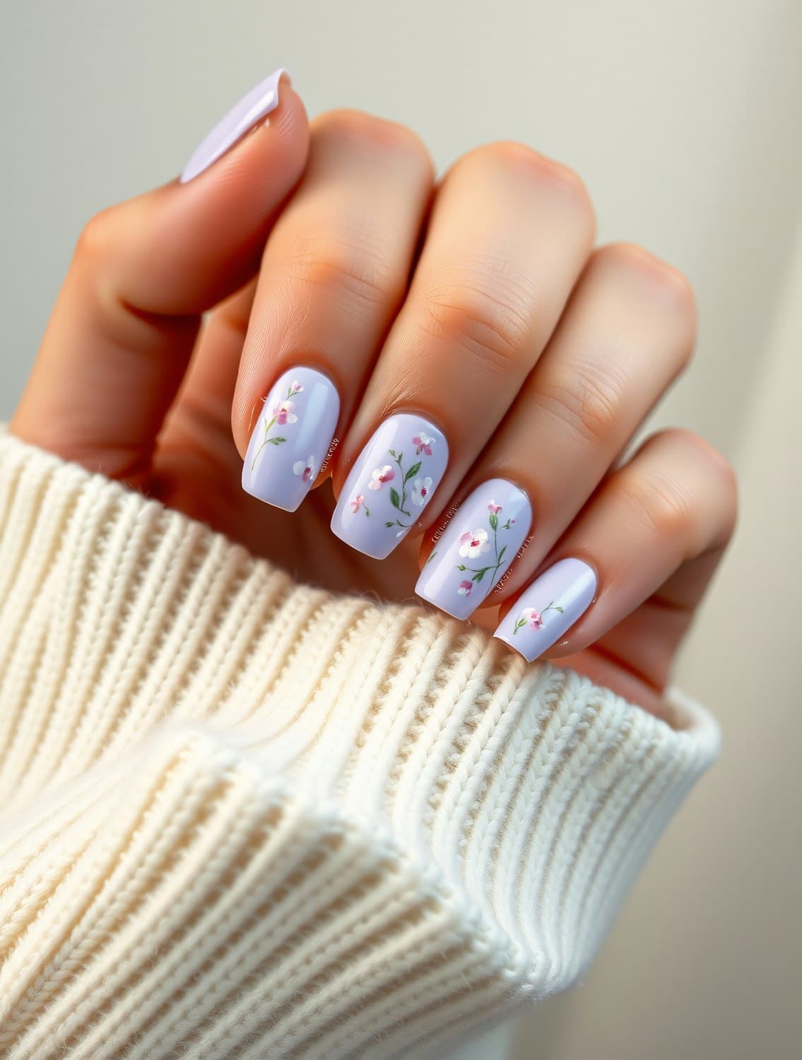 Uñas lavanda con flores rosas y hojas pintadas a mano
