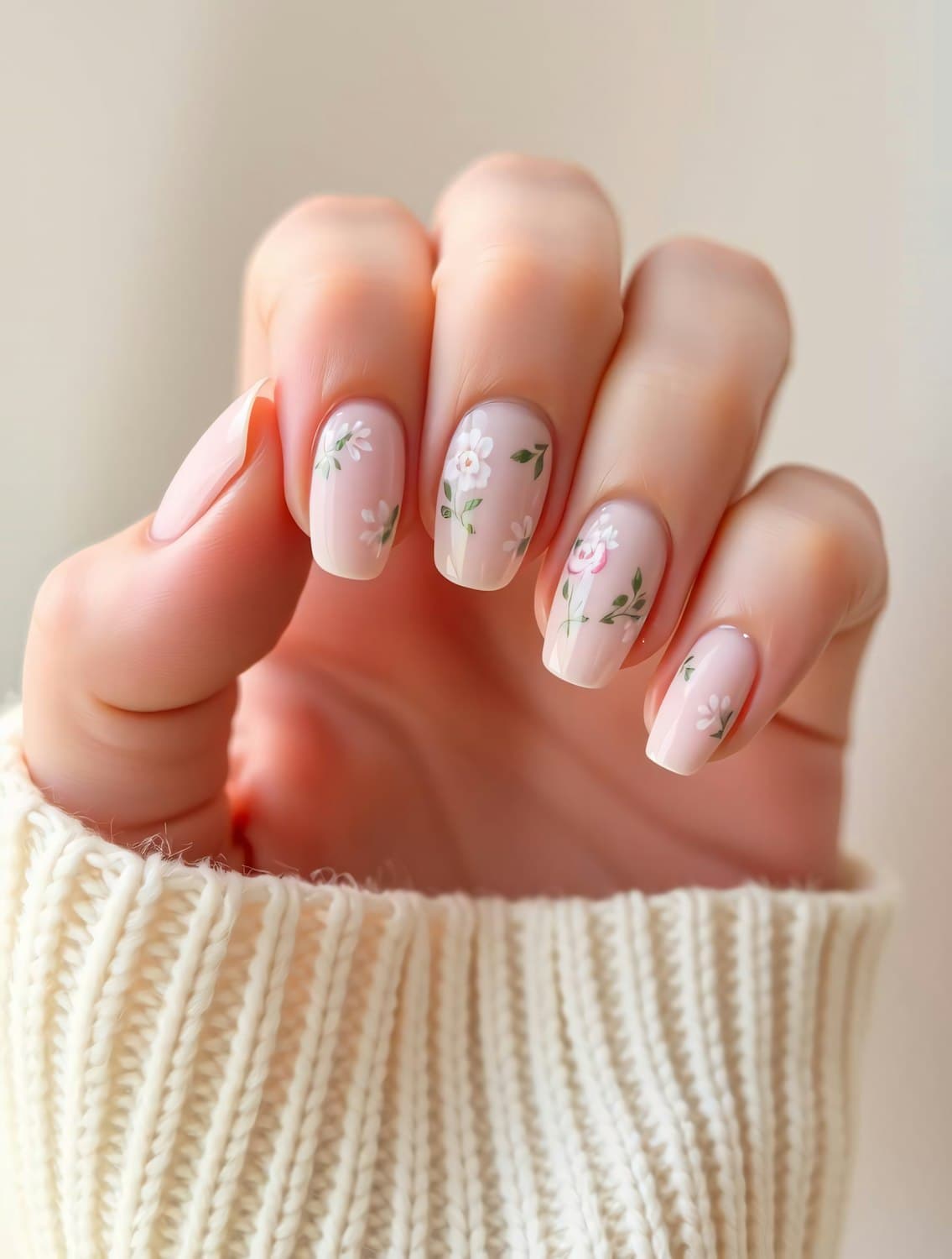 Uñas rosa nude con flores blancas pintadas a mano